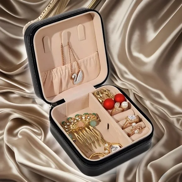 ❀ Black Jewelry Box Storage Organizer Zipper Travel Case Pouch - Picture 5 of 7